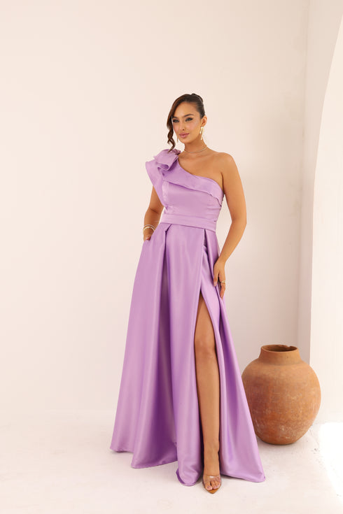 VESTIDO LISO UM OMBRO SÓ BABADO VESTIDO DE FESTA PETRA FINA
